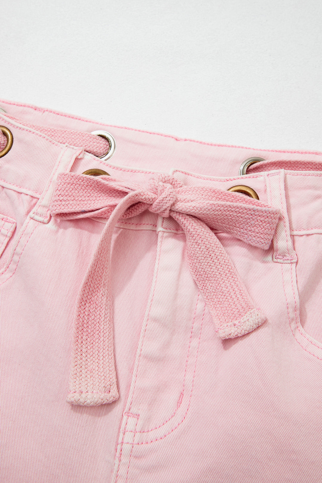 Light Pink Solid Color Grommet Detail Knot Waist Barrel Jeans
