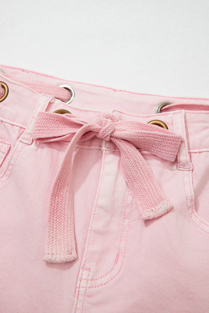 Light Pink Solid Color Grommet Detail Knot Waist Barrel Jeans