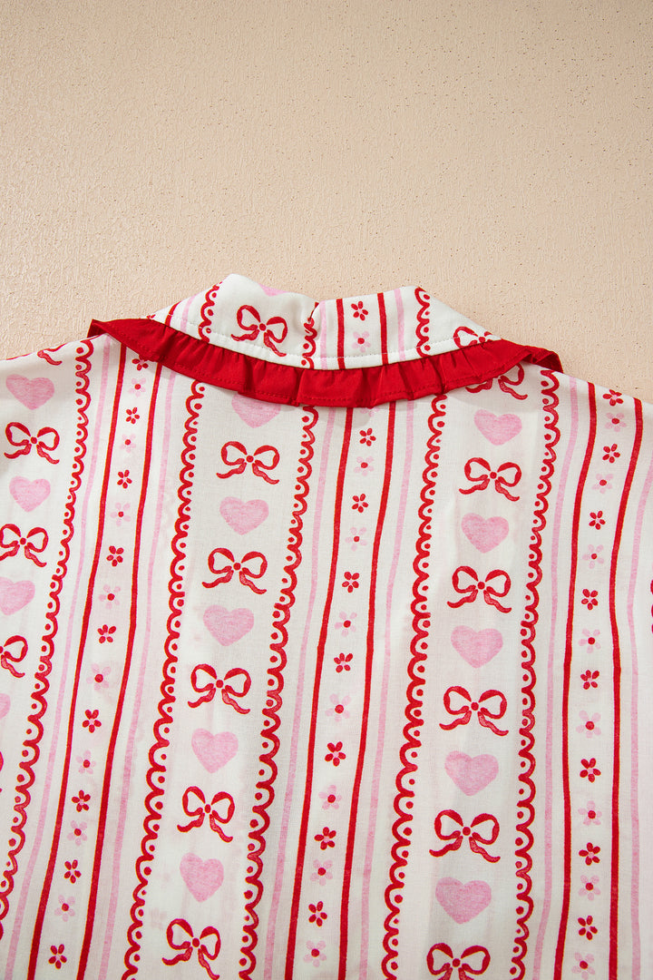 Red Sweet Floral Heart Bow Print Contrast Trim Long Sleeve Shirt Pajama Short Set