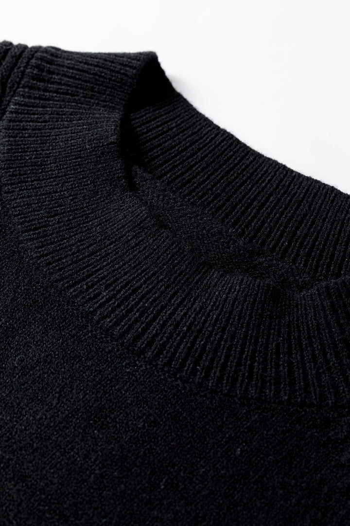 Black High Neck Puff Sleeve Sweater Pleated Mini Skirt 2pcs Knitted Outfit