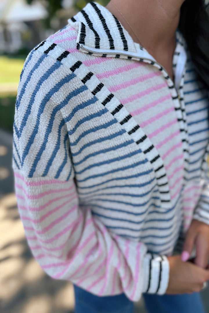 Multicolour Striped Color Block Patchwork Half Zip Drop Shoulder Long Sleeve Top