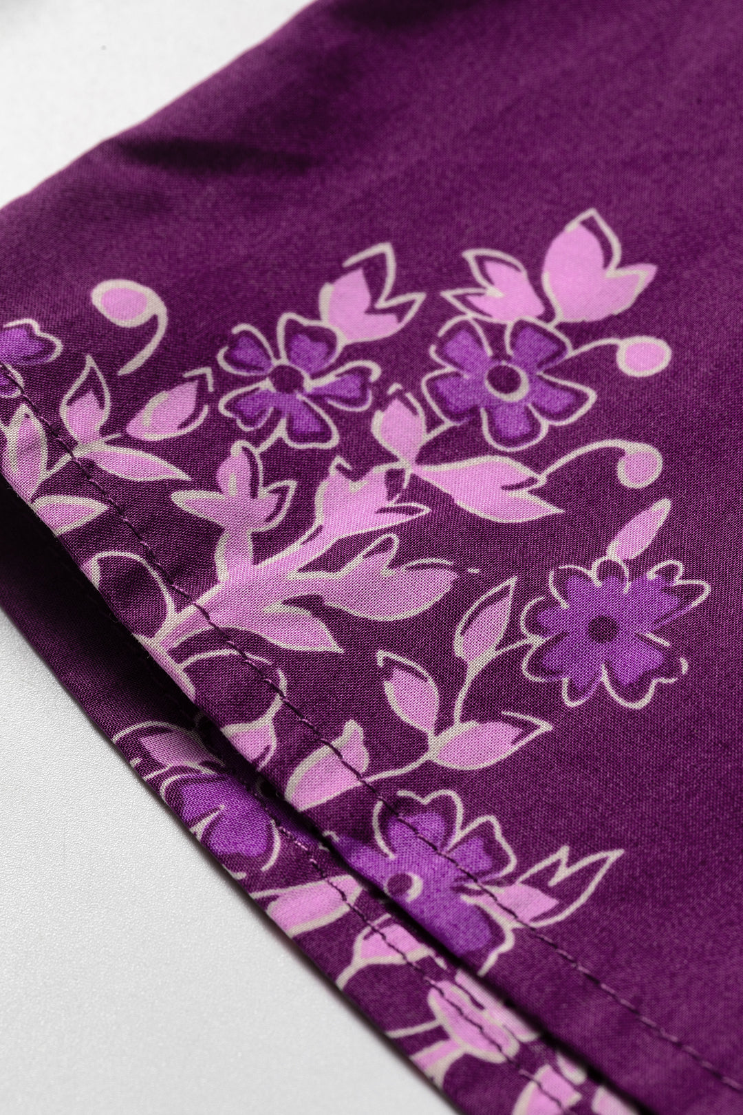 Purple Floral Print Button-Up Long Puff Sleeve Loose Shirt