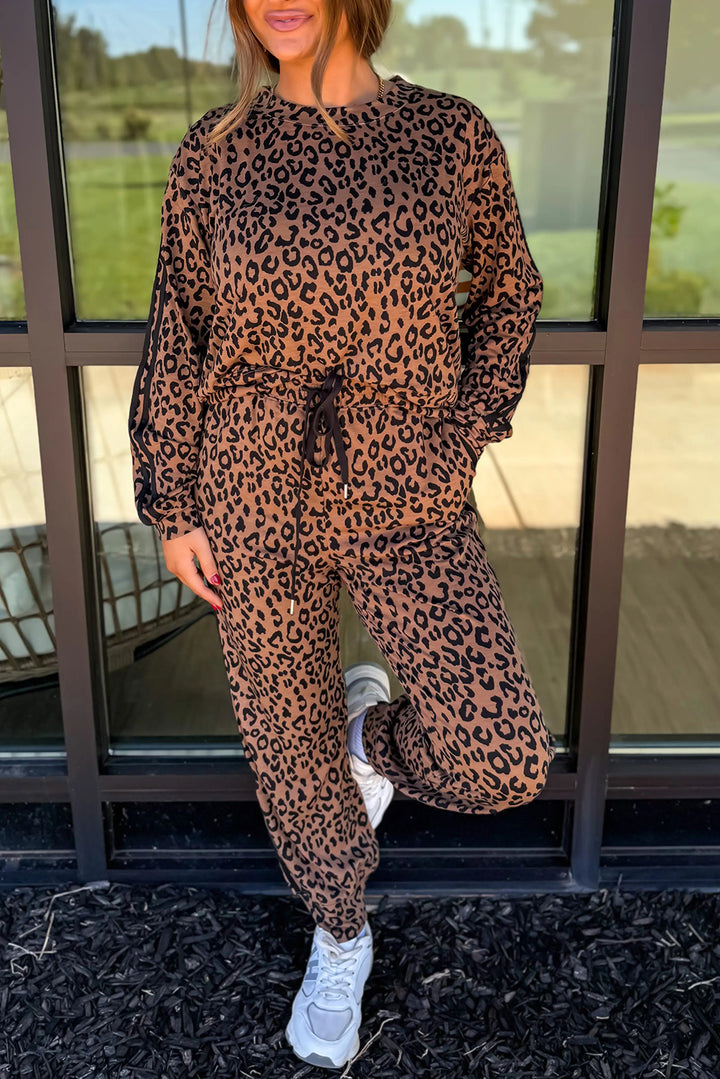 Brown Varsity Striped Trim Leopard Long Sleeve Top Drawstring Pant Set