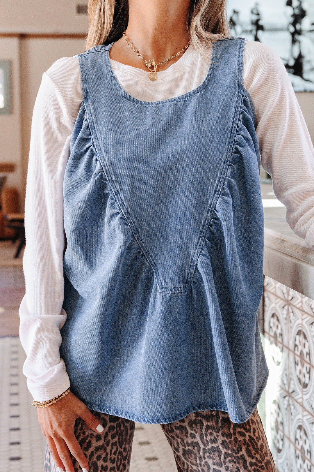 Myosotis Denim Pleated Patchwork Sleeveless Top