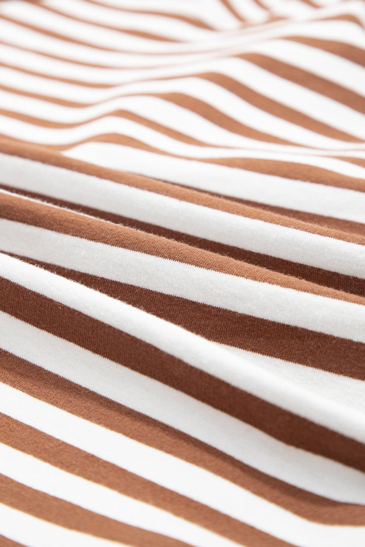 Brown Stripe Color Block Patchwork Quarter Zip Pullover Sporty Shorts Set