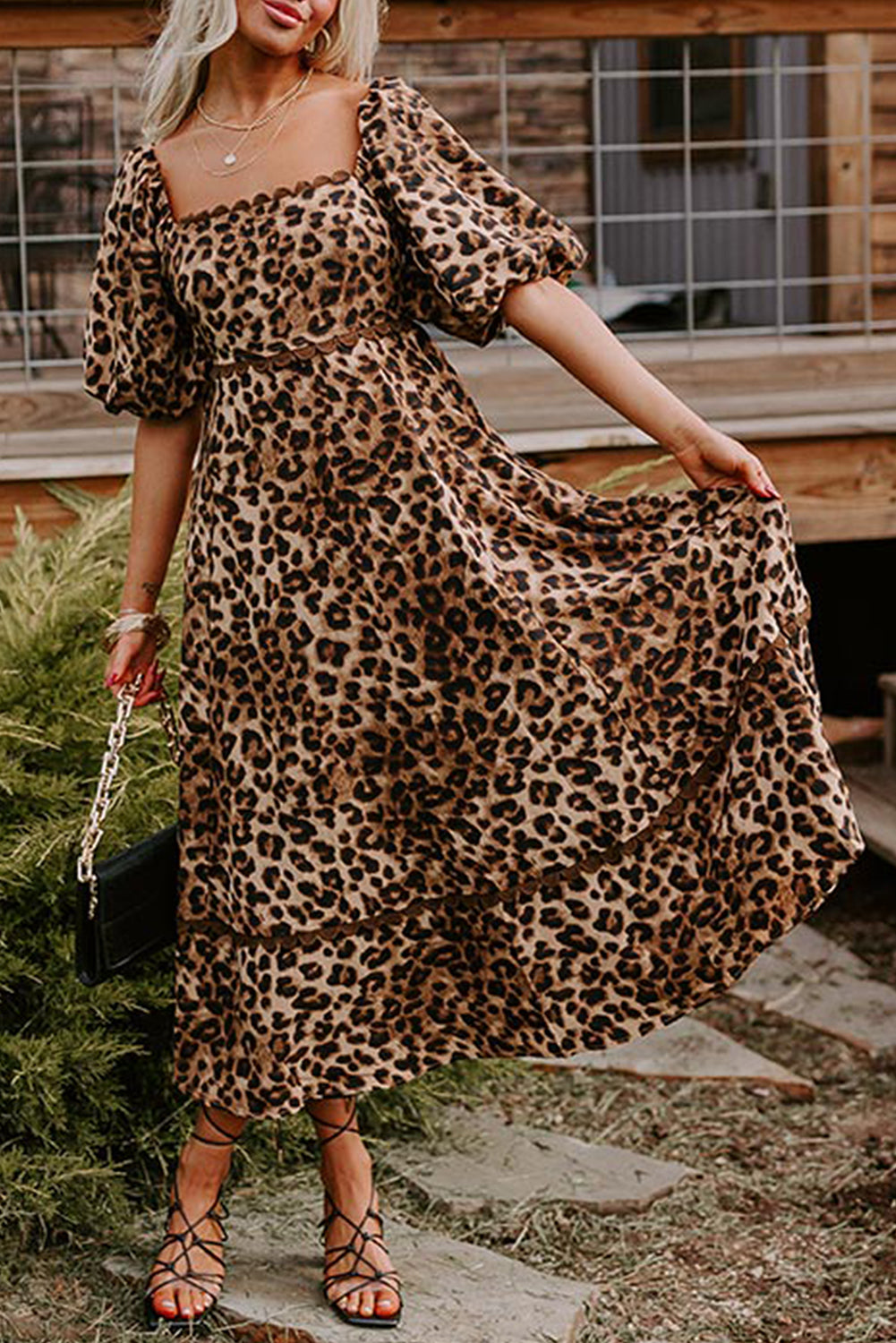 Brown Leopard Print Bubble Sleeve Square Neck Maxi Dress