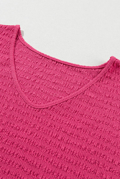 Bright Pink Textured Rolled Sleeve V Neck Tee