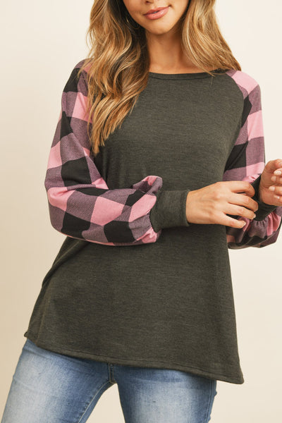 Plaid Puff Sleeved Round Neck Top