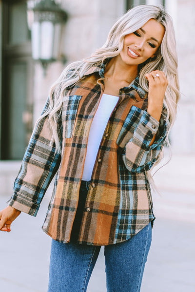 Brown Plaid Color Block Buttoned Shirt with Pockets