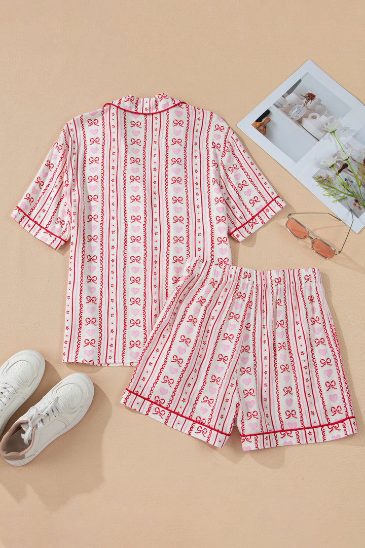 Red Cute Bow Heart Print Ribbon Decor Short 2pcs Pajama Set