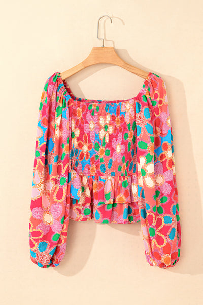 Multicolor Floral Print Smocked Square Neck Ruffles Blouse