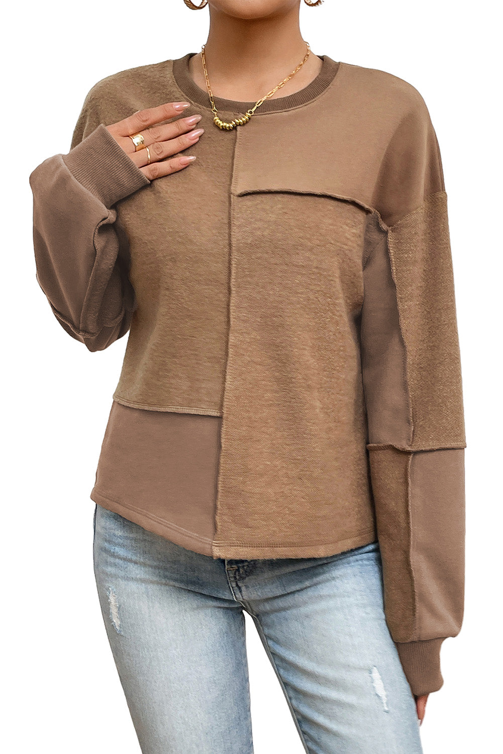 Coffee Solid Exposed Seam Pullover Sweatshirt