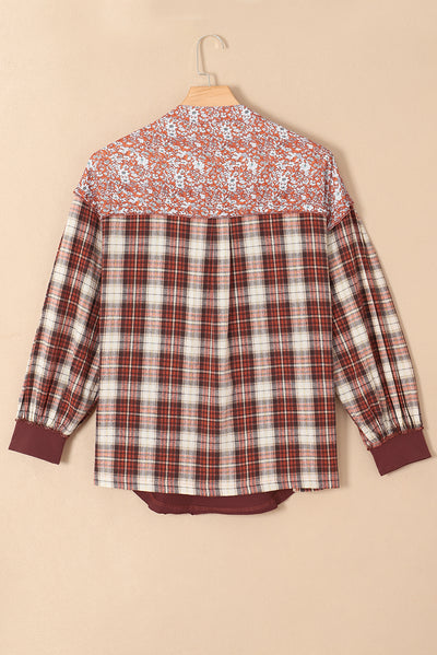 Fiery Red Floral Plaid Mixed Print Bishop Sleeve Patchwork Top