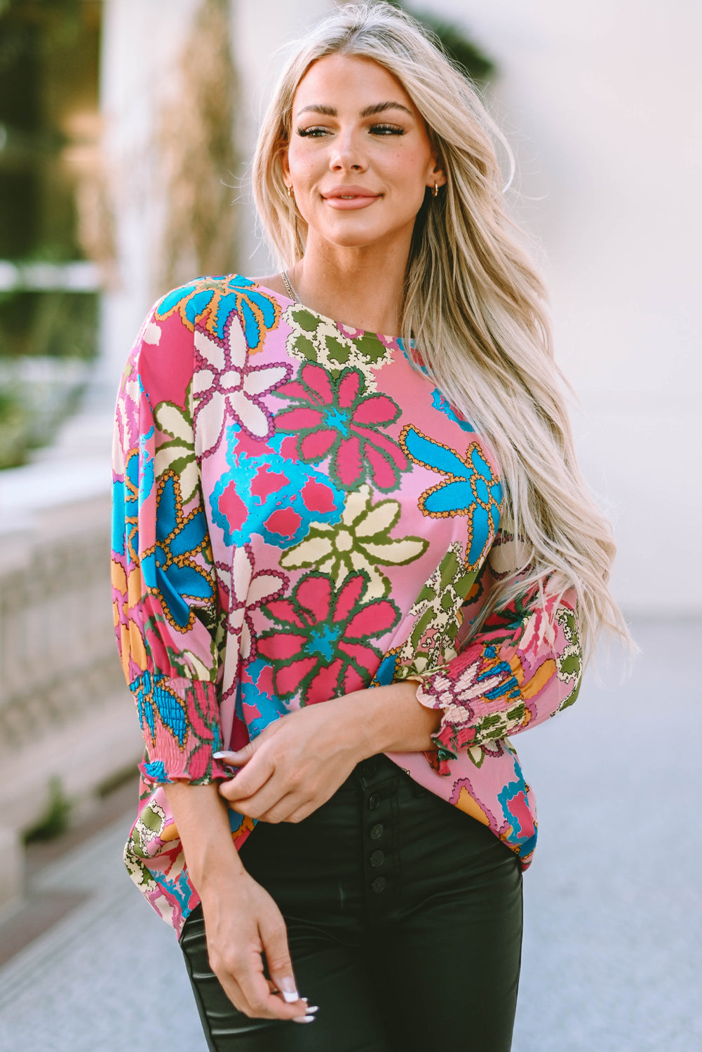 Pink Floral Print Bracelet Sleeve Blouse