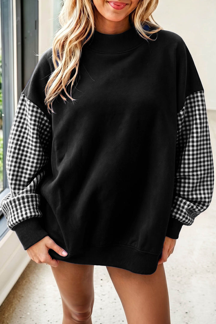 Evergreen Plaid Sleeve Colorblock Loose Tunic Sweatshirt