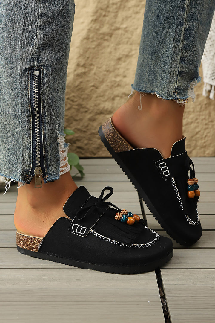 Chestnut Boho Bow Fringed Faux Suede Slip-on Loafers Square Toe Casual Slippers