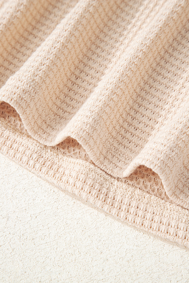 Oatmeal Waffle Patchwork Drop Shoulder Hooded Long Sleeve Top