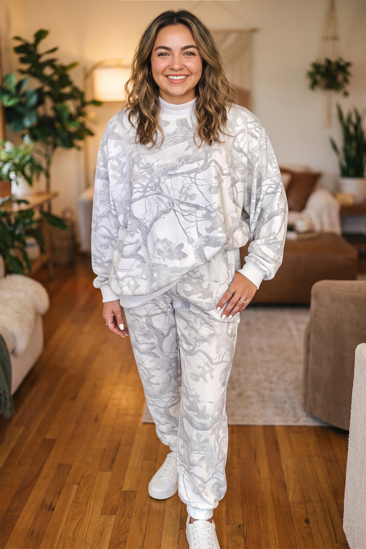 Gray Camouflage Print Stand Neck Long Sleeve Regular Fit Plus Size Set