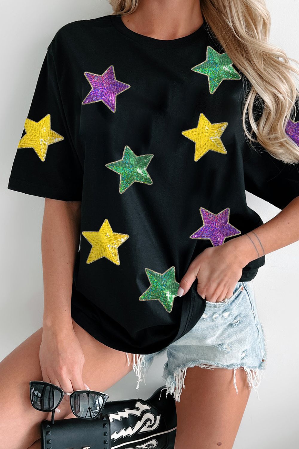 Sequin Stars Patched Round Neck T-Shirt