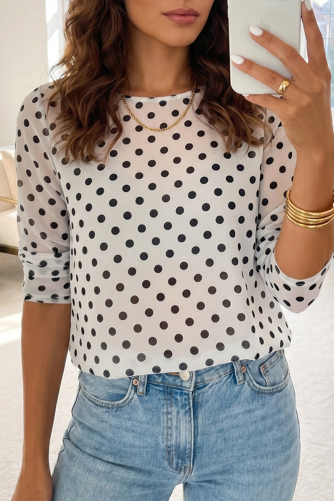 Black Polka Dot Sheer Mesh Long Sleeve Round Neck Shift Top