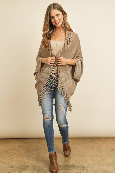 Fringe Stripe Open Front Kimono