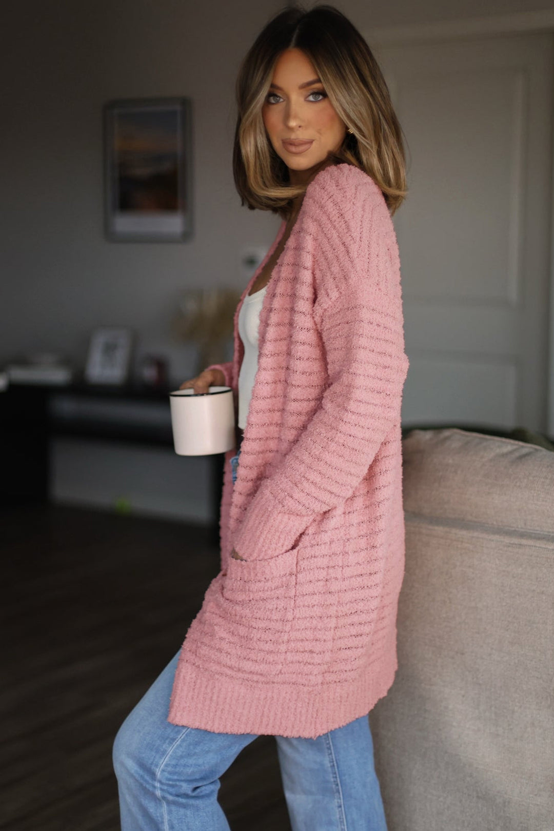 Light Pink Open Front Soft Fuzzy Ribbed Sweater Cardigan