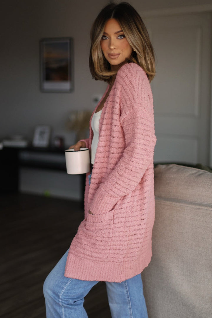 Light Pink Open Front Soft Fuzzy Ribbed Sweater Cardigan