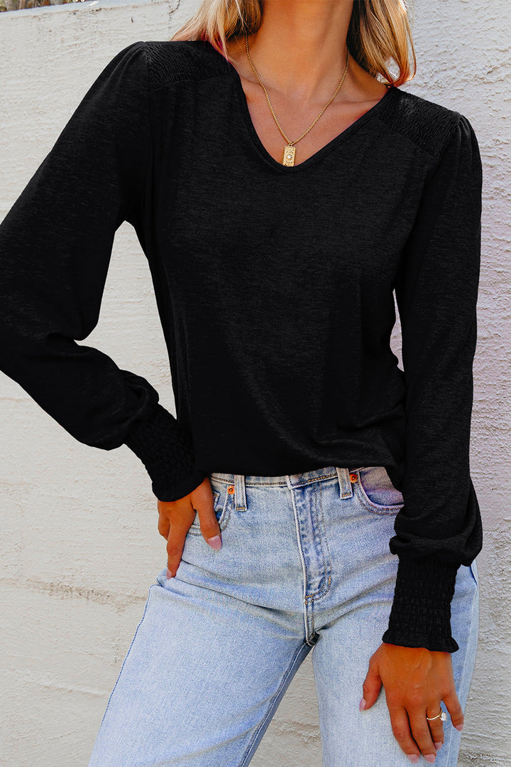 Andrea Shirred Shoulder Frilled Cuffs Long Sleeve Top