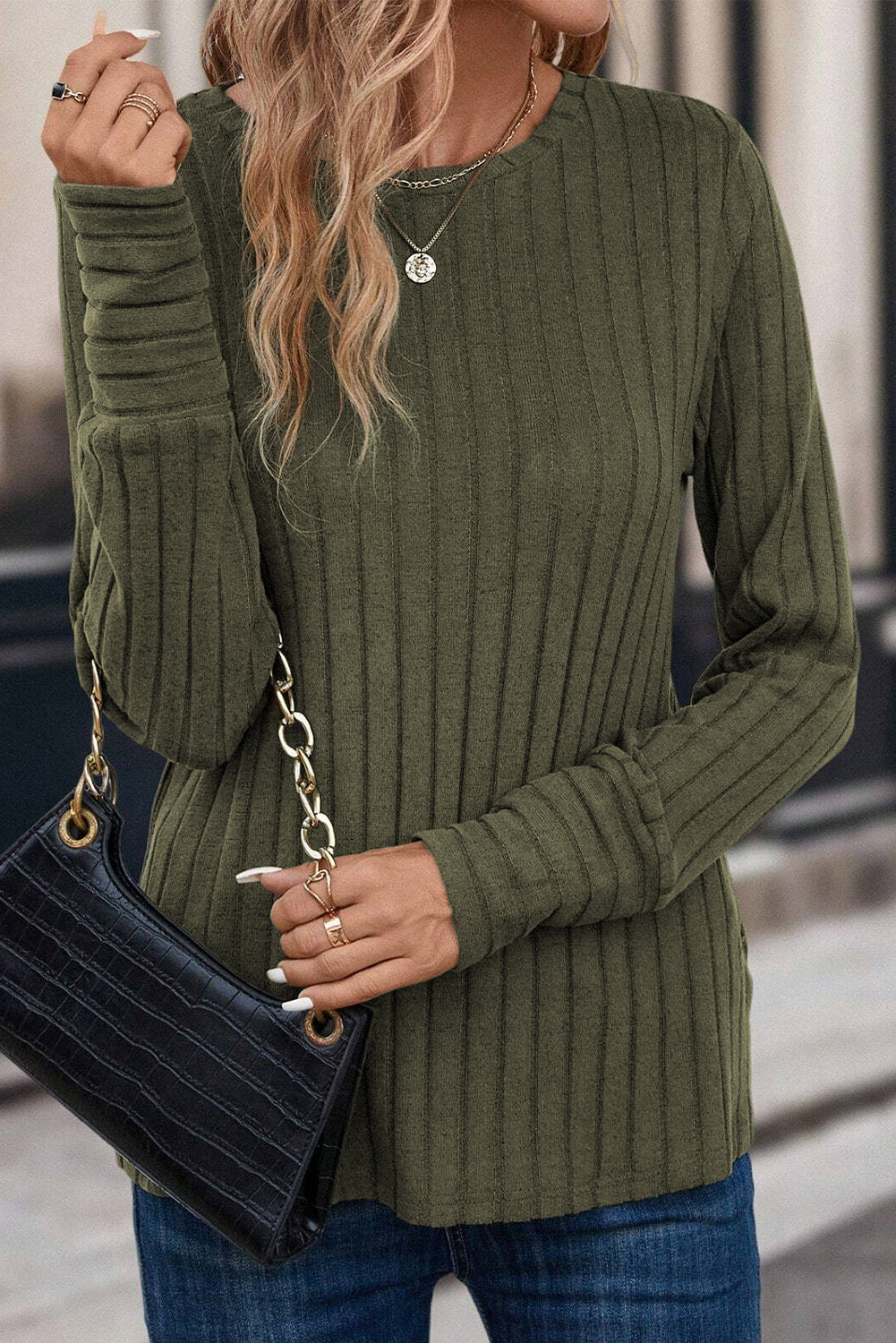 Duffel Green Ribbed Knit Long Sleeve Top