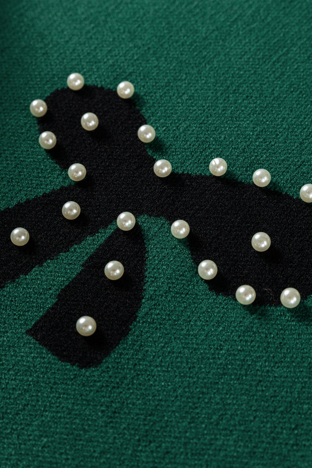 Blackish Green Pearl Embellished Bow Pattern Loose Sweater