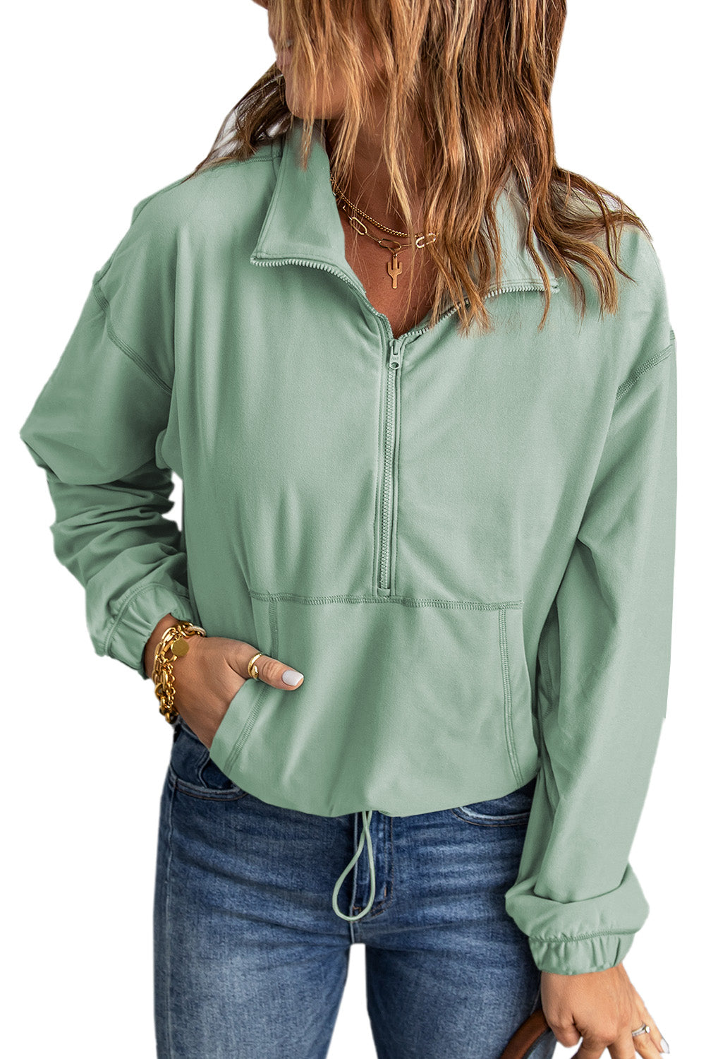 Green Zip Front Pocketed Pullover Sweatshirt