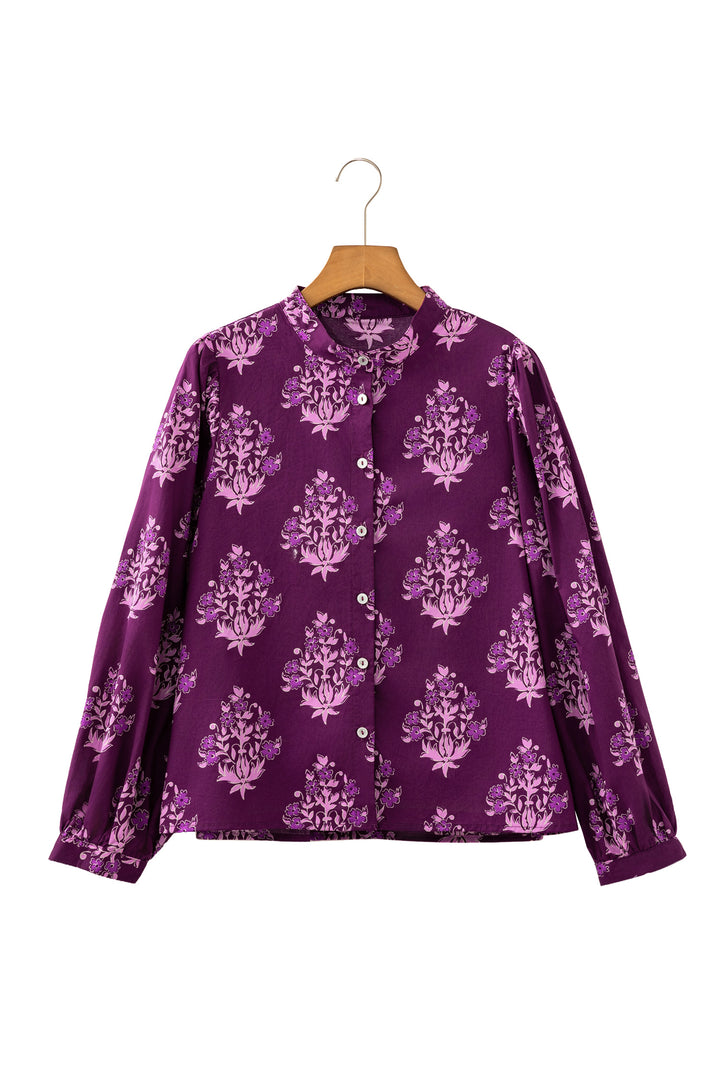 Purple Floral Print Button-Up Long Puff Sleeve Loose Shirt