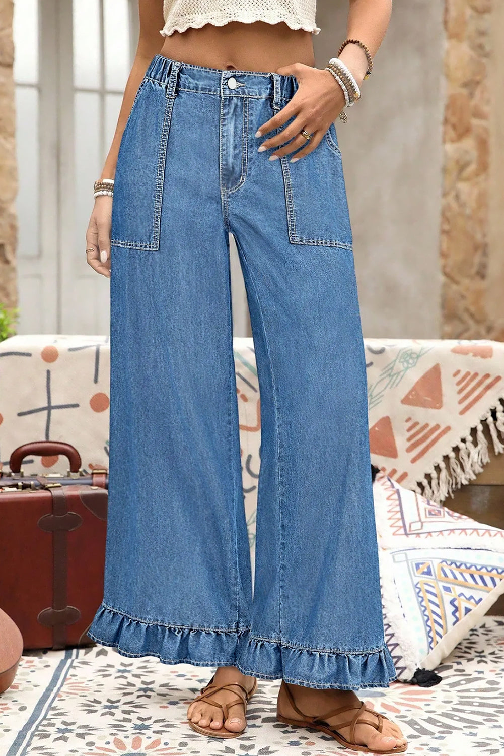 Beau Blue Plus Size Elastic Waist Ruffled Wide Leg Denim Pants