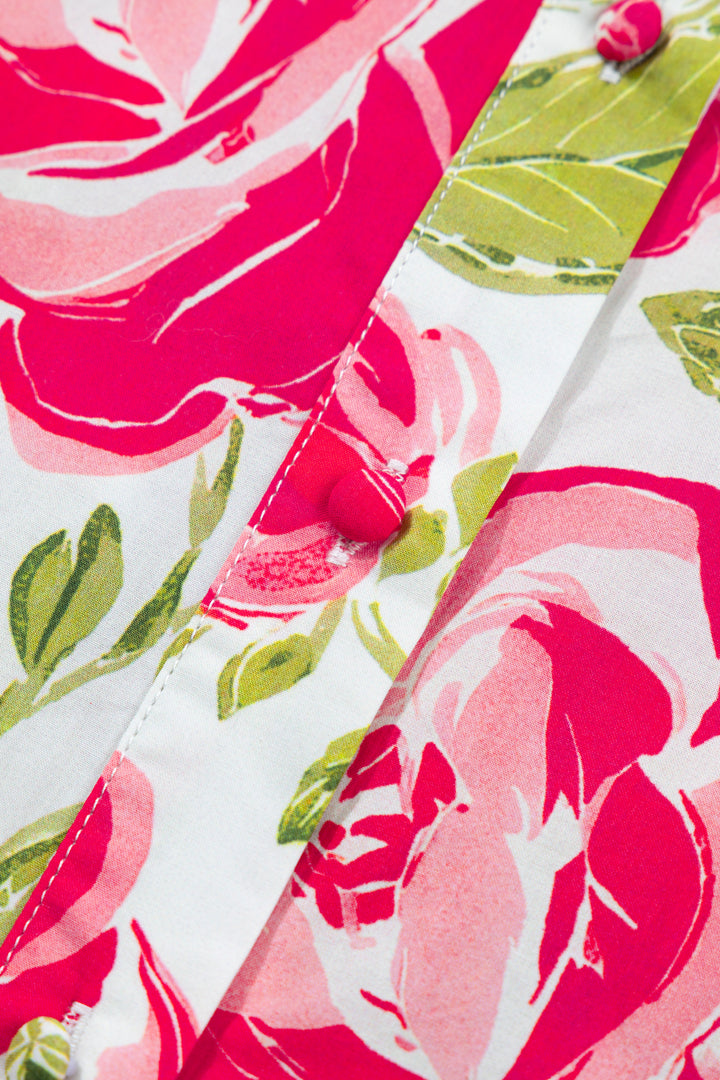 Pink Flower Print Striped Trim Frilled Collar Short Sleeve Shirt