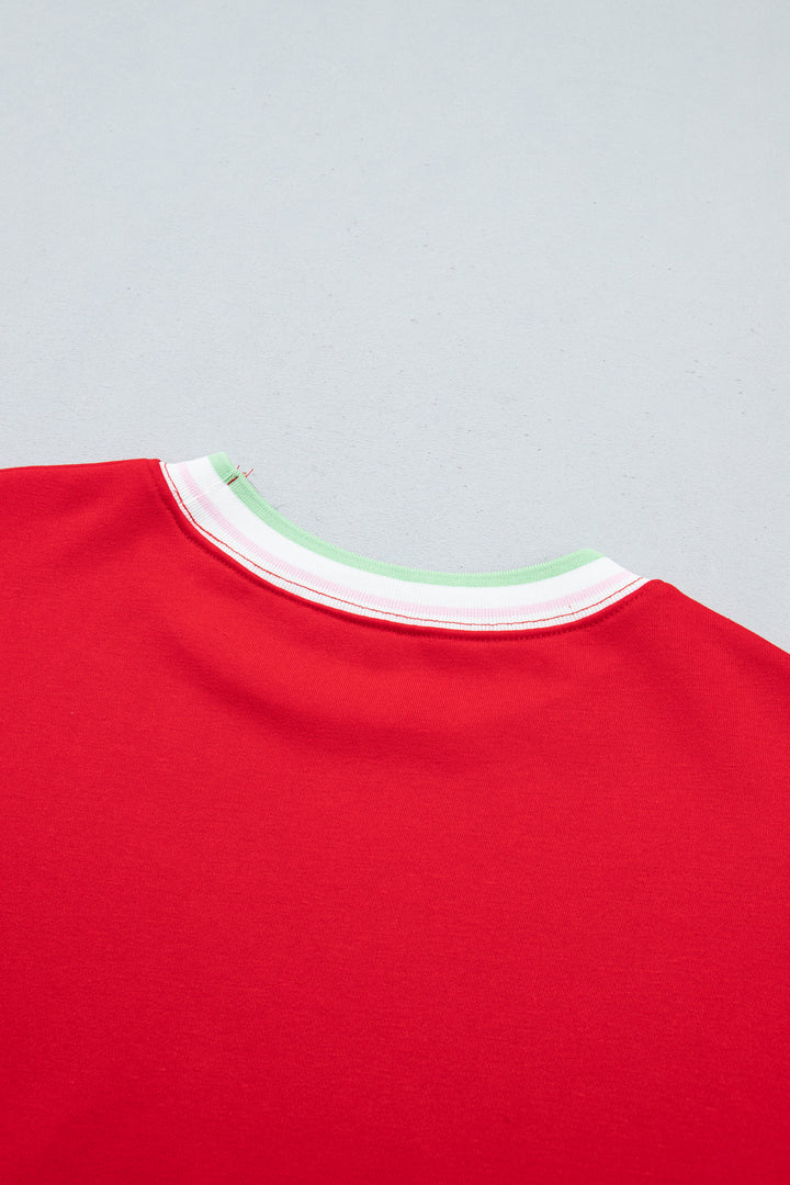 Racing Red Contrast Striped Trim Baggy Pullover Sweatshirt