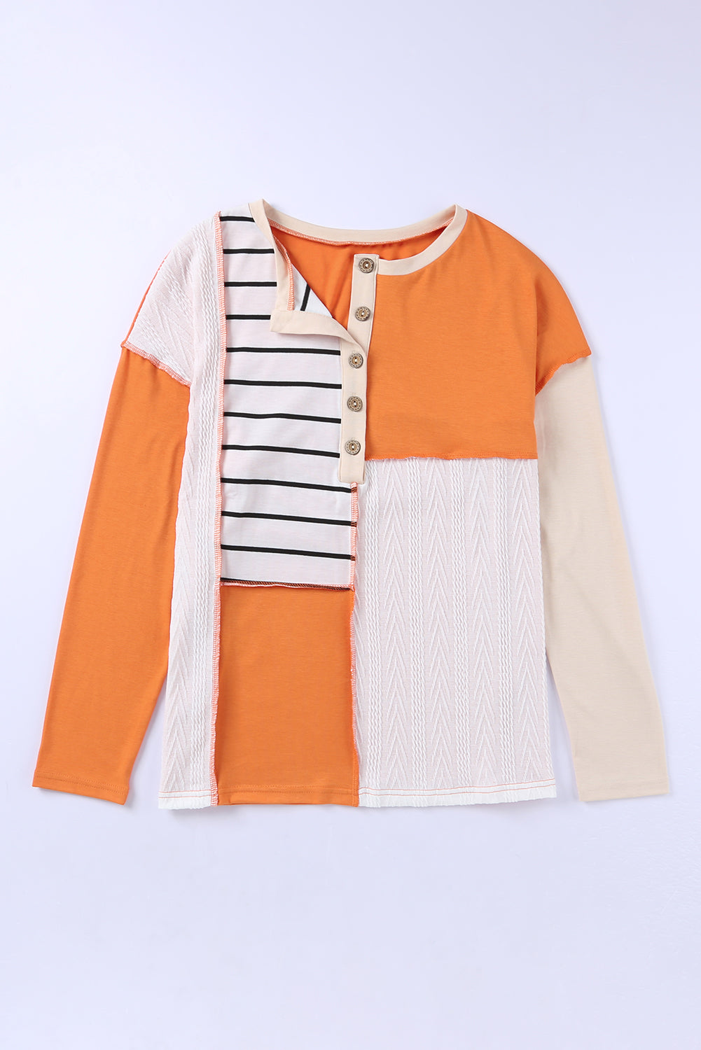 Orange Stripe Color Block Splicing Long Sleeve Henley Top