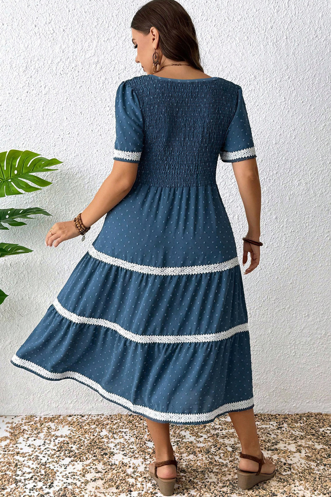 Dusk Blue Plus Size V Neck Swiss Dot Lace Patchwork Detail Flared Midi Dress