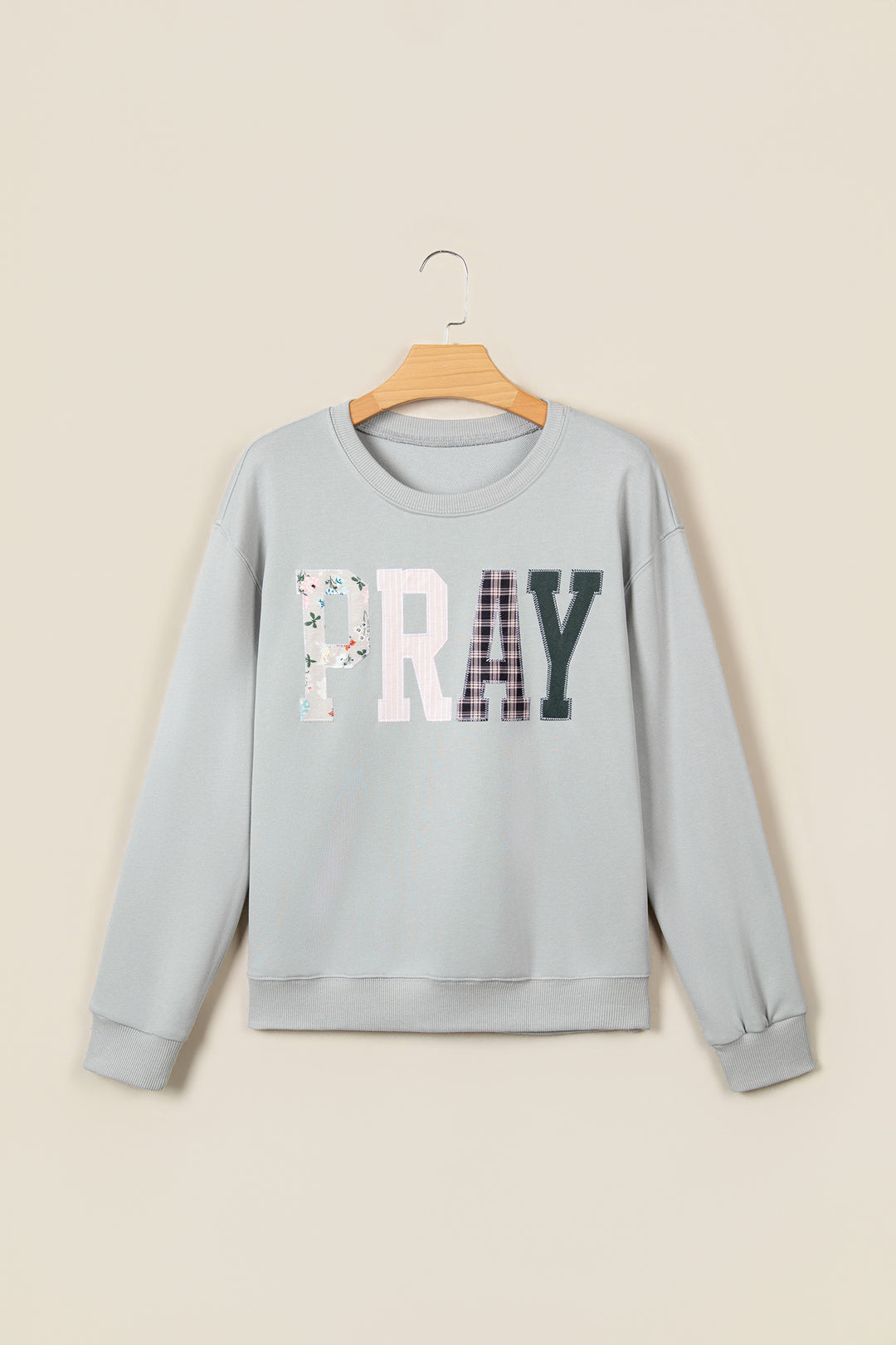 Gray Floral Buffalo Plaid Striped Embroidered Patch Western Pullover Sweatshirt