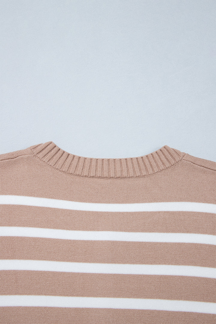 Khaki Stripe Button Down Short Sleeve Knit Plus Size Cardigan