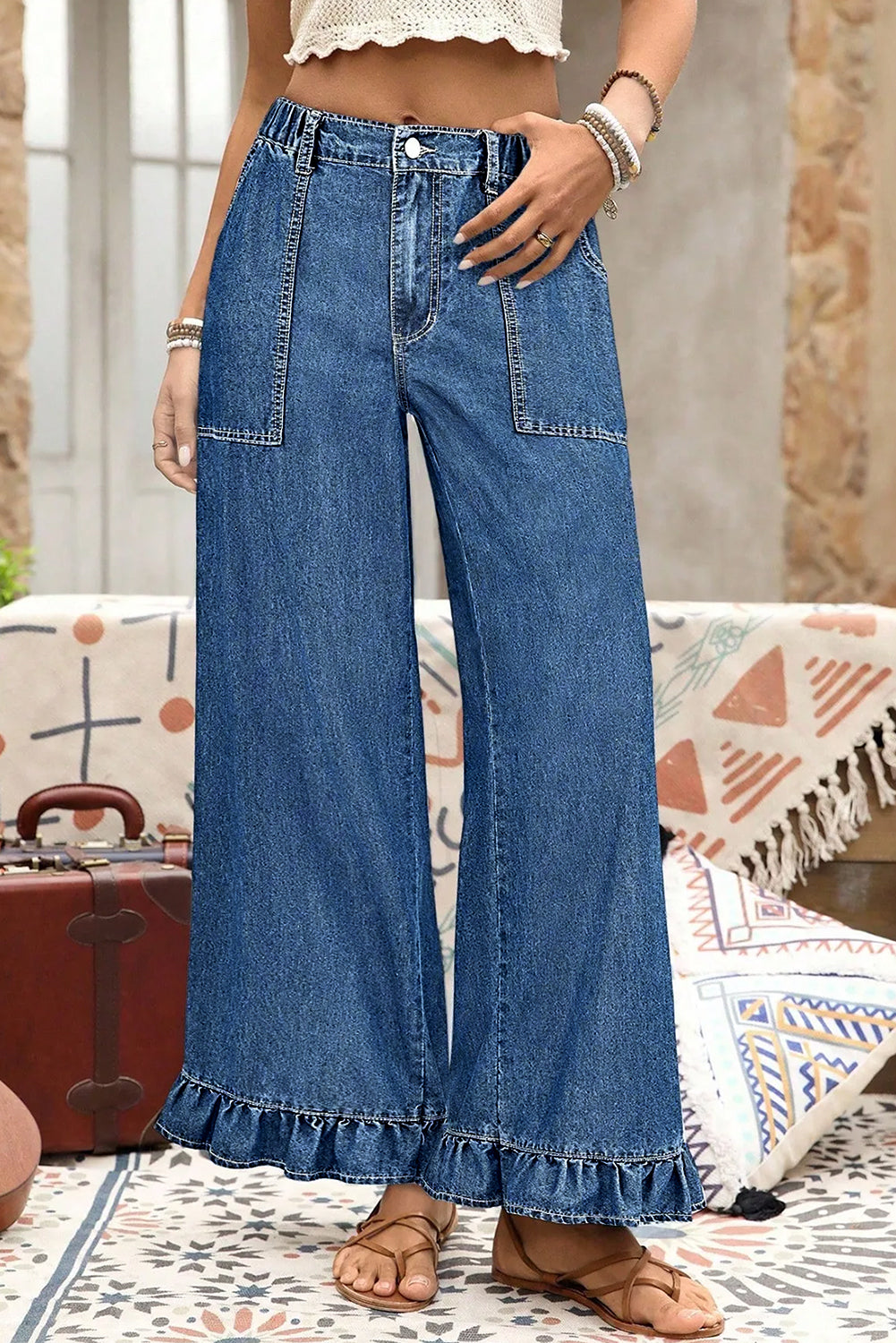 Beau Blue Plus Size Elastic Waist Ruffled Wide Leg Denim Pants