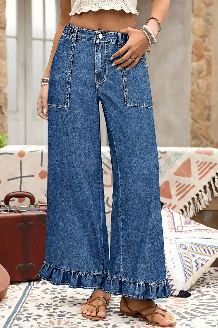 Beau Blue Plus Size Elastic Waist Ruffled Wide Leg Denim Pants
