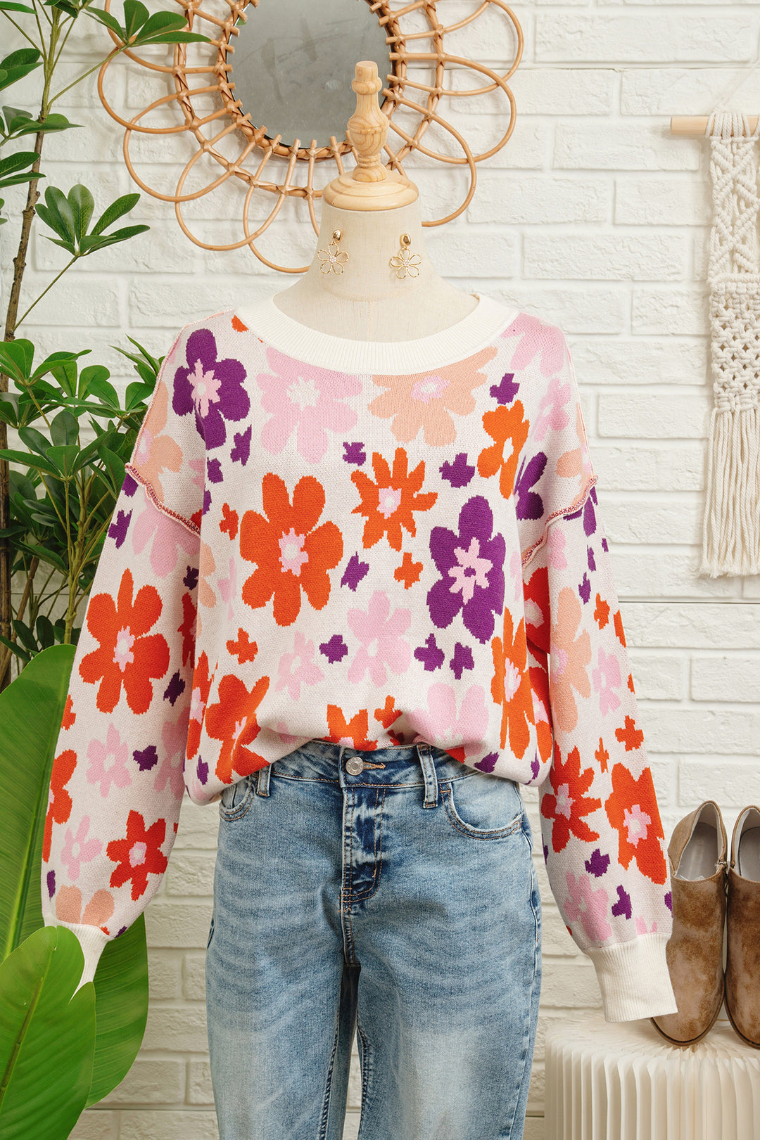 Khaki Fall Floral Pattern Drop Shoulder Sweater