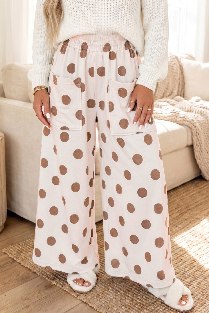 Beige Polka Dot Wide Leg Elastic Waist Casual Pants