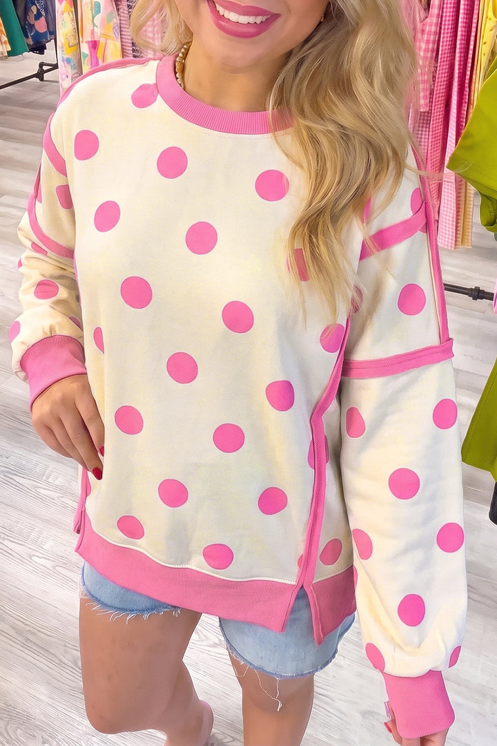 White Polka Dot Contrast Patchwork Round Neck Baggy Sweatshirt