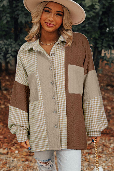 Loose fit khaki houndstooth shacket with color block