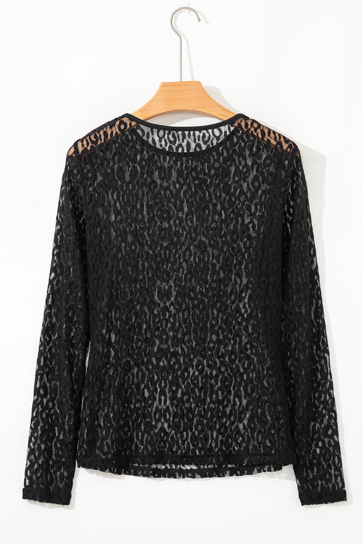 Black Leopard Pattern Sheer Mesh Long Sleeve Top