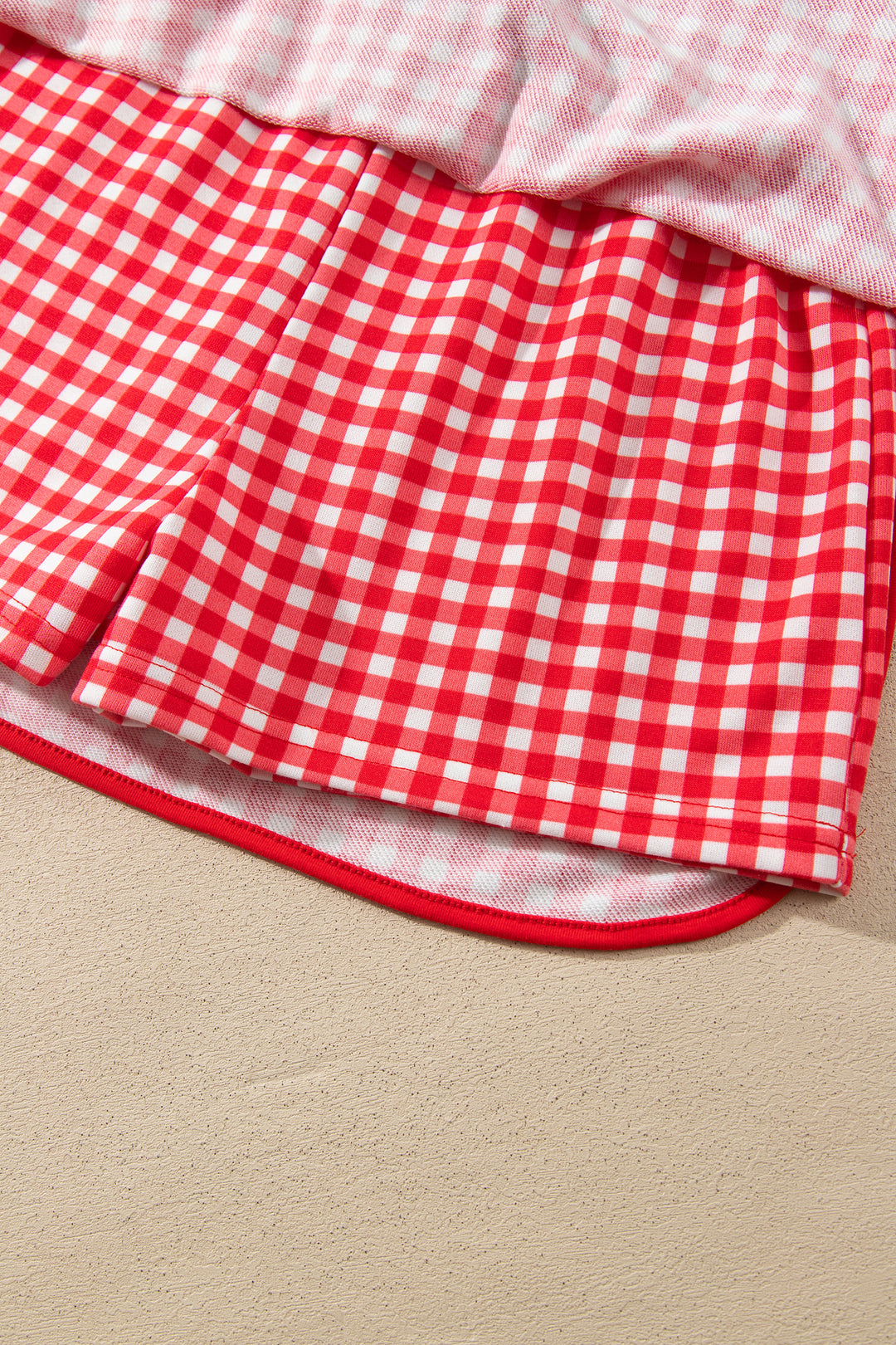 Red Gingham Oversized Ribbed Trim Crew Neck Long Sleeve Top and Skort Set