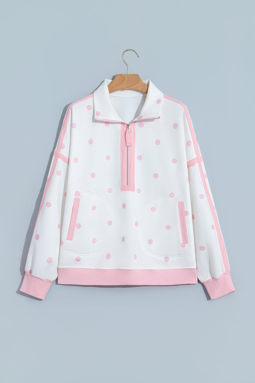 Pink Polka Dot Half Zip Drop Shoulder Relaxed Sweatshirt