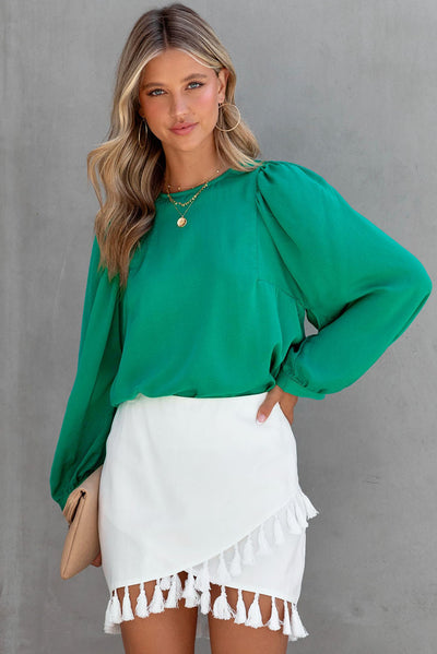 Green Satin Puff Long Sleeve Crewneck Blouse