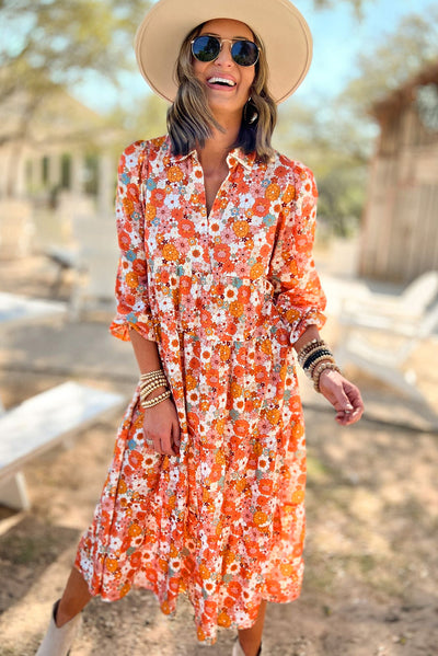 Multicolor Boho Floral Collared Long Sleeve Ruffled Dress